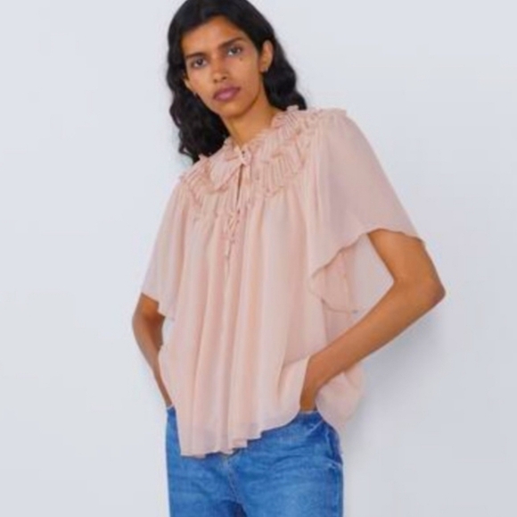 ZARA ruffle blouse large blush short sleeved top Sz Small blushpink - Picture 1 of 14